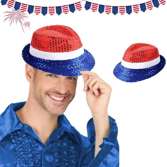 MOAOASPER Red White Blue Sequin Fedora Hat, 4th Of July Patriotic Party Costume Accessory, Sparkle Striped Independence Day Dress Up Hat, Parade Stage Performance Cosplay Prop Hat