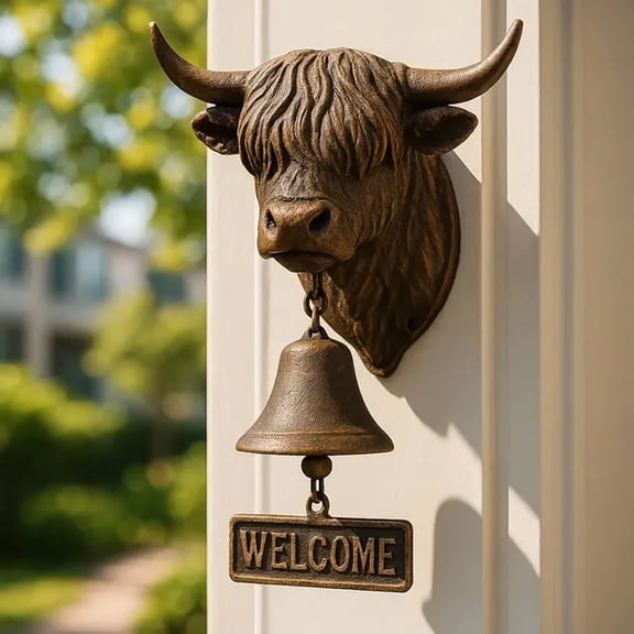 MOAOASPER Rustic Highland Cow Welcome Bell,Resin Cow Head Wall Decor,Farmhouse Entryway Decor,For Farm Lovers Housewarming Gift