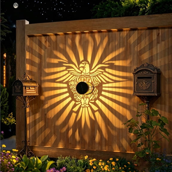 MOAOASPER Rustic Iron Eagle Cutout Solar Projection Wall Light, Waterproof, Auto On/Off, Shadow Light for Patriotic Yard, Fence & Porch Decor