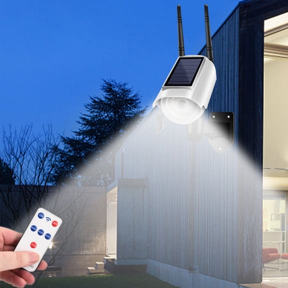 MOAOASPER Solar Dummy Security Camera Light, Outdoor Motion Sensor Fake Surveillance Cam Lamp, IP66 Waterproof Wireless LED Wall Light With Remote Control, Solar Powered 3 Modes Security