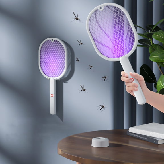 MOAOASPER White 2-in-1 Rechargeable Electric Fly Swatter, 3000V Purple Light Mosquito Killer Racket, Dual Mode Bug Zapper with Base for Indoor Outdoor Home Use
