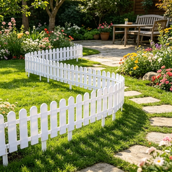 MOAOASPER White Plastic Garden Picket Fence, Interlocking Edging Border, Easy Install Landscape Barrier for Flower Beds Yard Walkways Outdoor Decor