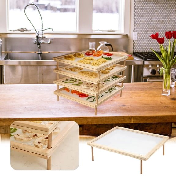 MOAOASPER Wooden Stackable Drying Rack 15.3x9.6 Inch, Single Layer Mesh Tray for Pasta Herbs and Vegetables, Natural Wood Food Dehydrator Stand for Kitchen Countertop