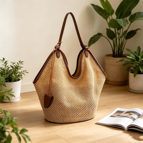 MOAOASPER Woven Handbag, StBase Weave, Leather Handle, Handmade, 16 x 7.8 x 19.8 in, Large Capacity, Sturdy, Durable, Breathable