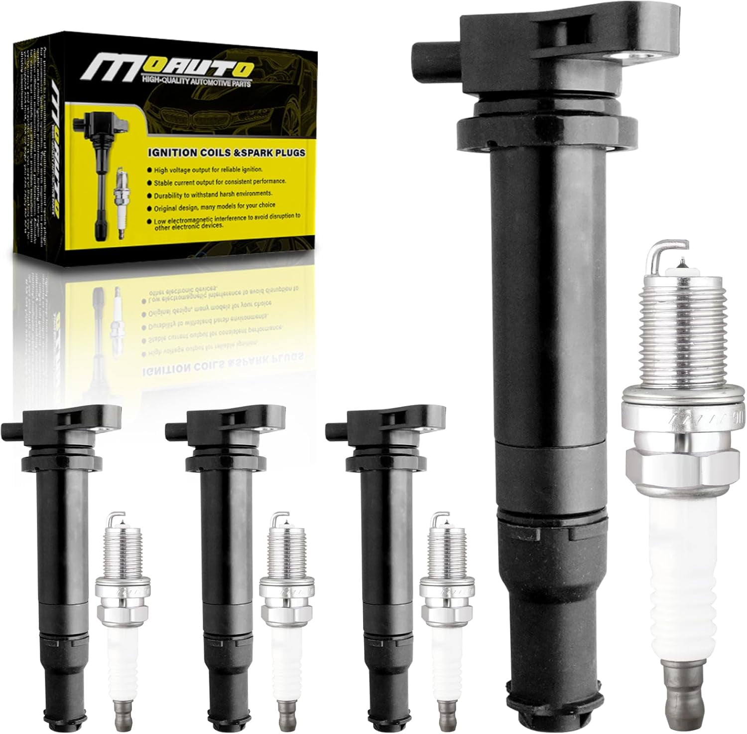 MOAUTO Set of 4 Ignition Coils Pack UF499 27301-26640 & 4 PCS Iridium Spark Plugs Compatible with Hyundai Kia Dodge 2006 2007 2008 2009 2010 2011 Accent Rio Rio5 Attitude 1.6L L4