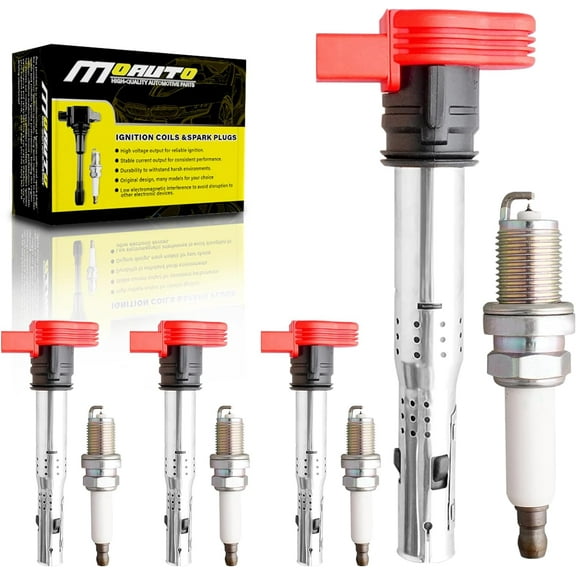 MOAUTO Set of 4 Ignition Coils Pack UF529 06E905115D & 4 PCS Iridium Spark Plugs Compatible with Volkswagen Audi A3 A4 A5 A6 A7 A8 - 3.0L 3.2L 4.2L 5.2L Q5 Q7 R8 S4 S5 TT MK6 Golf Passat CC Tiguan