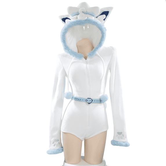 MOBBUNNY Women's Anime Fluffy Romper Sexy Onesie Pajamas White Furry Hooded Bodysuit with Tail Belt and Socks, M