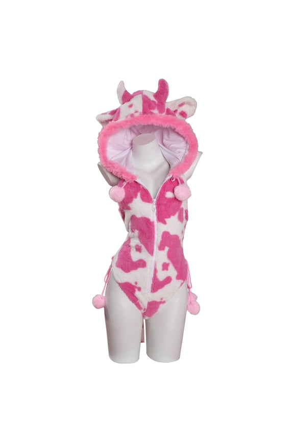 Women's Cow Print Romper Onesie Pajamas Plush Hooded Bodysuit with Gloves and Socks