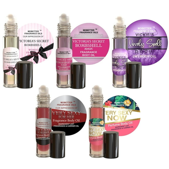 MOBETTER FRAGRANCE OILS Women's Perfume Body Oil Bundle - Set of 5 Roll-On | Bombshell, Bombshell Magic, Lovely Spell, Very Sexy, Very Sexy Now | Long Lasting, Travel Friendly, Alcohol-Free
