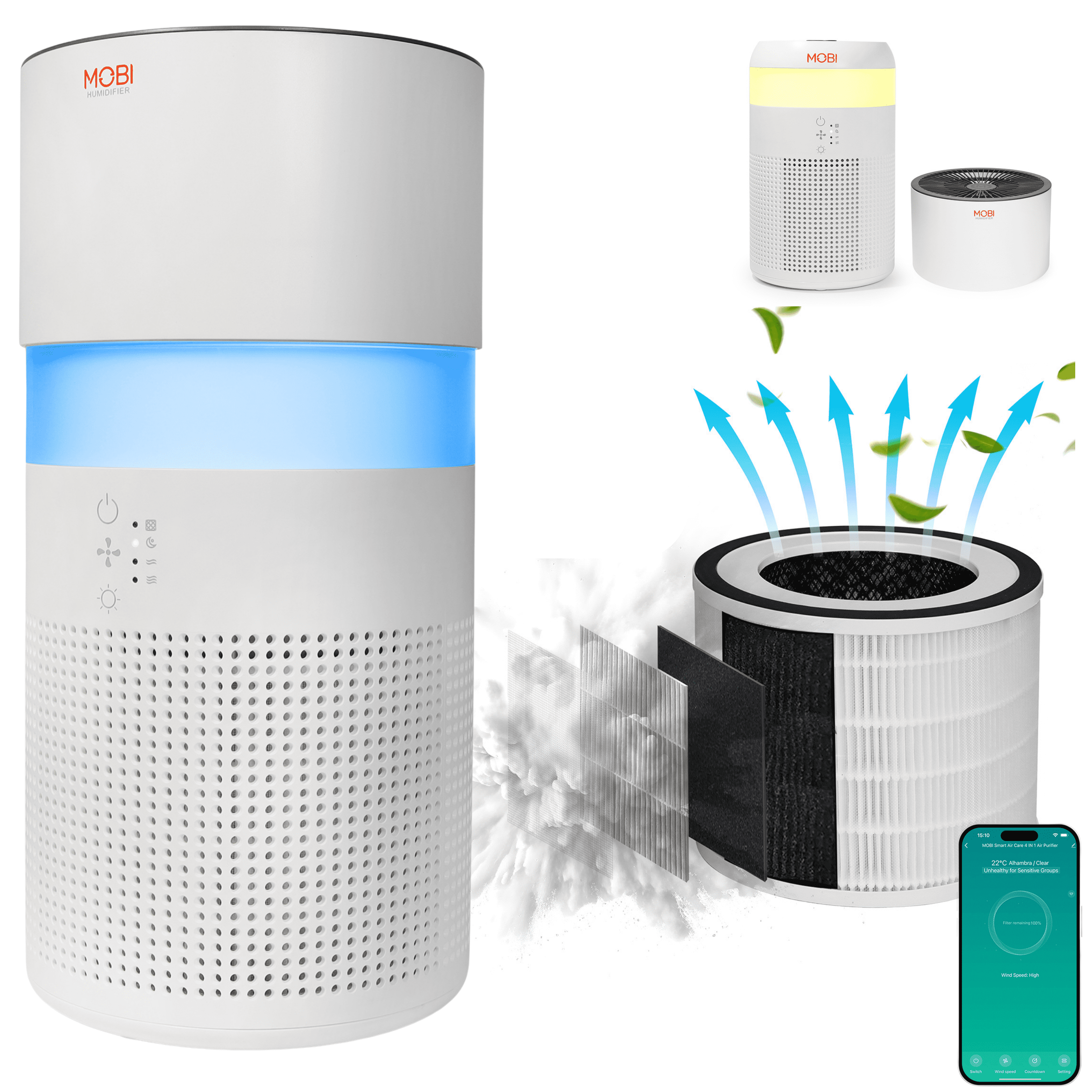 MOBI 4 in 1 Smart Wi Fi Nursery Air Purifier Humidifier with Removable Water Tank Filter 3 Stage HEPA Filtration System Aromatherapy Covers up