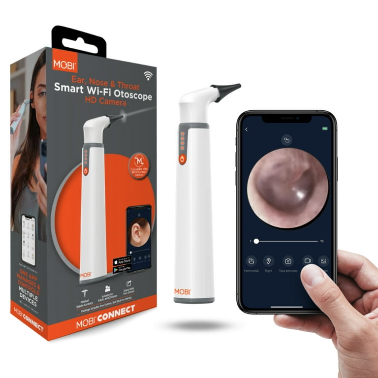MOBI CONNECT Wi-Fi Otoscope for Ears, Nose & Throat - 1080P HD Lens,  Multi-Axis Gyroscope, 6 LED Lights, 90+ Min Use, 3 Ear Speculum, Suitable  for