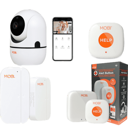 MOBI Connect Premium Whole Home Wireless Safety Kit Comes With 2 SOS Emergency Life Alert Buttons, 1 Smart Hub, 2 Door/Window Sensor, 1 HDX Camera – Compatible With iOS and Android