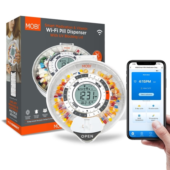 MOBI Connect Wi-Fi Smart Automatic Pill Dispenser with App Alerts & Alarms, 28-Day Medication Organizer, Locked & Tamper-Resistant, Expandable with MOBI Health Devices for Overall Health Management