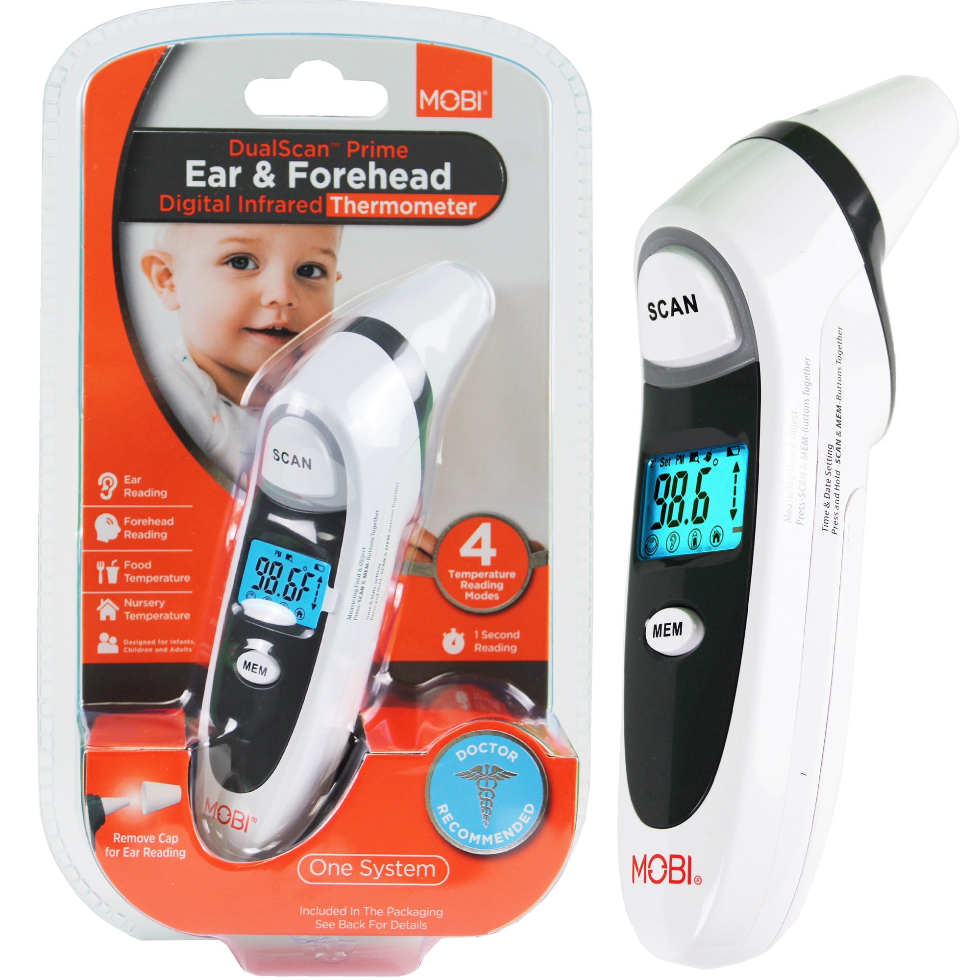 MOBI DualScan Prime Ear & Forehead Thermometer with Object Temperature Readings for all ages