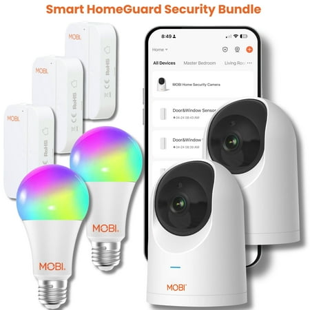 MOBI Home Security Bundle: 2 x Camera, 3 x Door/Window Sensor, and 2 x LED Bulb - Expandable by Adding Additional Monitoring Devices
