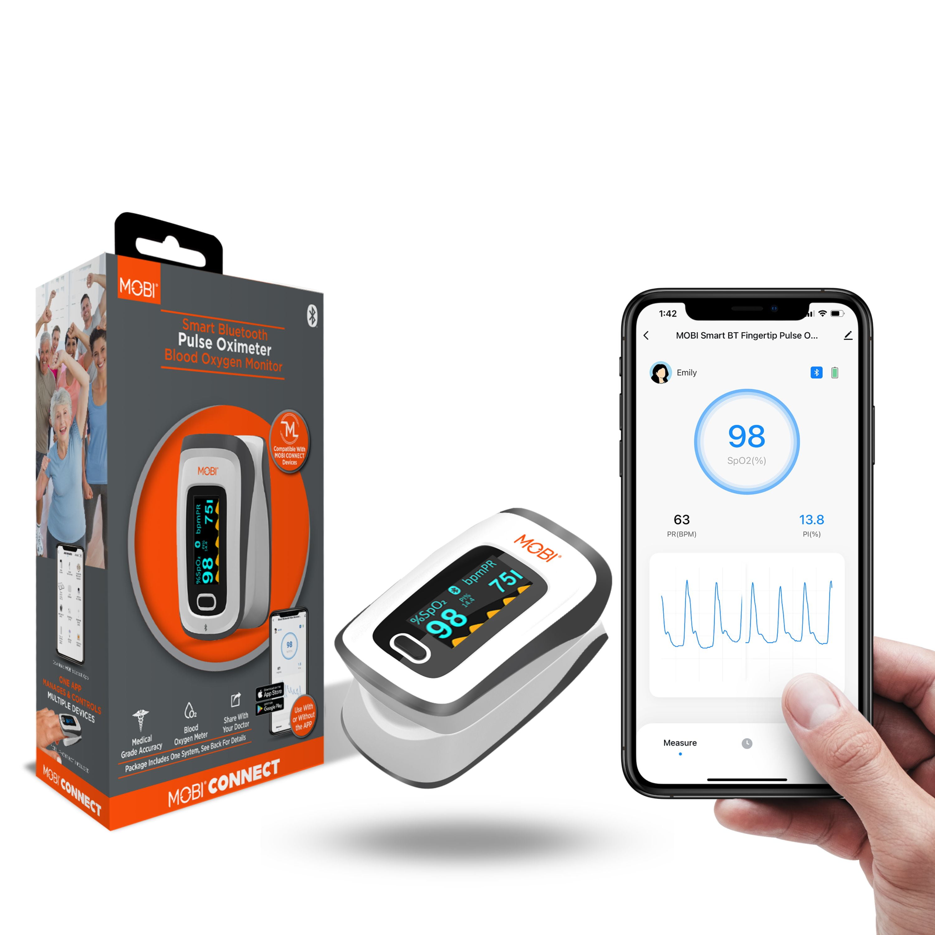 MOBI Smart Bluetooth Fingertip Pulse Oximeter Blood Oxygen Monitor, Heart Rate/Oxygen Level Monitor