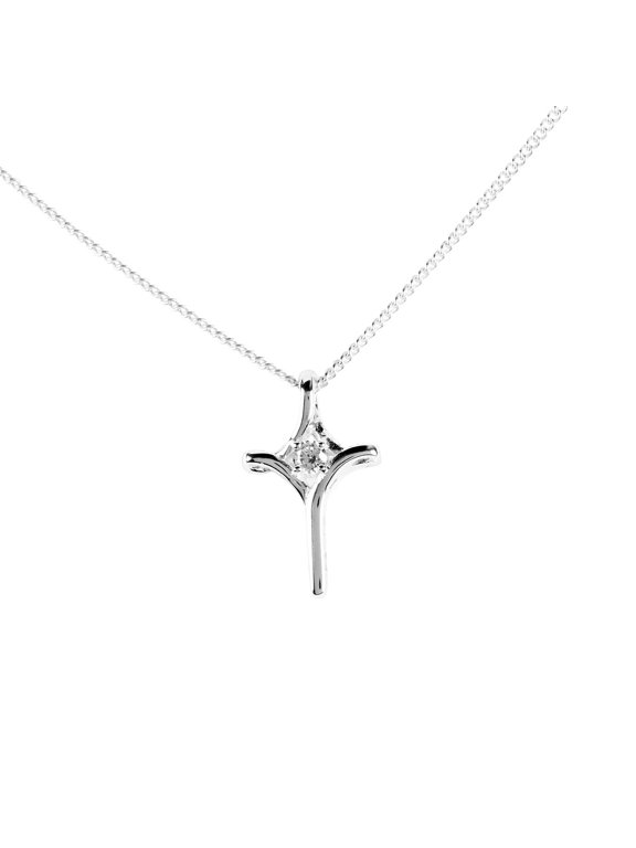 73-4884P Mobius Cross Cubic Zirconia Center Stone Silver Tone, 18 Inch, Plated Metal, Women's Everyday Necklace,