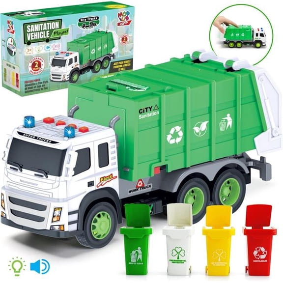 MOBIUS Garbage Truck Toy for Kids, 1:12 Scale Recycling Truck with Lights, Sounds, Moving Parts and 4 Trash Cans, Ages 3+
