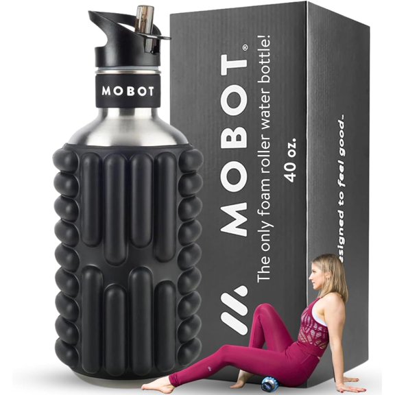 MOBOT Portable Travel Foam Roller Water Bottle with Sip Straw, Stainless Steel Screw Lid | Insulated Sports Water Bottle and Foam Rollers for Yoga, Workout, Home Gym, & Exercise (Black, 40 oz)