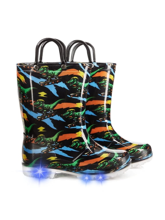 Kids Toddler Light Up Rain Boots for Boys Waterproof Boots with Easy on Handles, Dinosaur, Size 13
