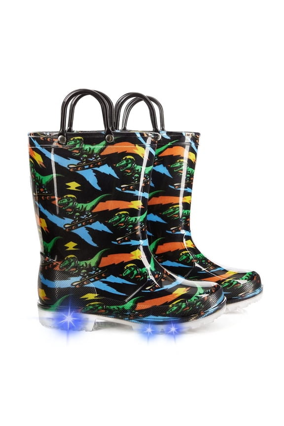 Kids Toddler Light Up Rain Boots for Boys Waterproof Boots with Easy on Handles, Dinosaur, Size 1