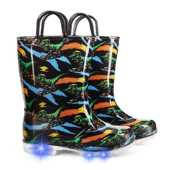 MOBYDICK Kids Toddler Light Up Rain Boots for Boys Waterproof Boots with Easy on Handles, Dinosaur, Size 2
