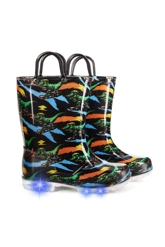 Kids Toddler Light Up Rain Boots for Boys Waterproof Boots with Easy on Handles, Dinosaur, Size 3