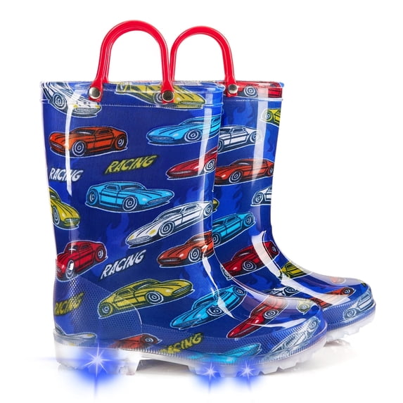 MOBYDICK Kids Toddler Light Up Rain Boots for Boys Waterproof Boots with Easy on Handles, Racing, Size 1