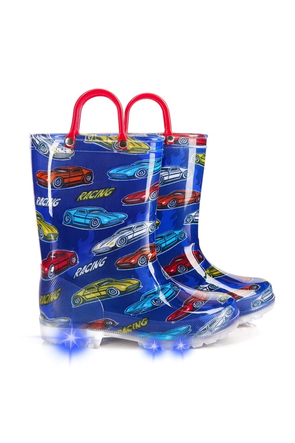 Kids Toddler Light Up Rain Boots for Boys Waterproof Boots with Easy on Handles, Racing, Size 8