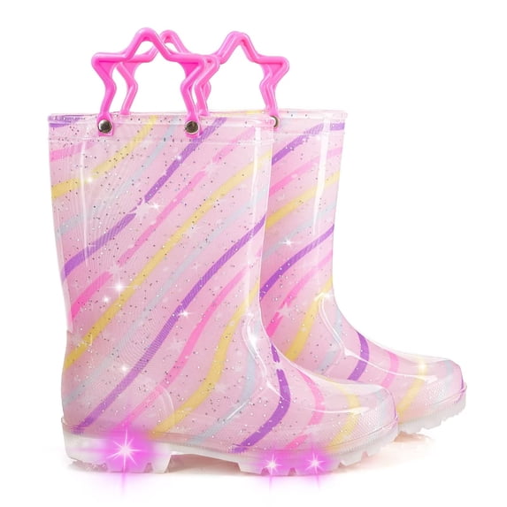 MOBYDICK Kids Toddler Light Up Rain Boots for Girls Waterproof Boots with Easy on Handles, Colorful Stripe, Size 2