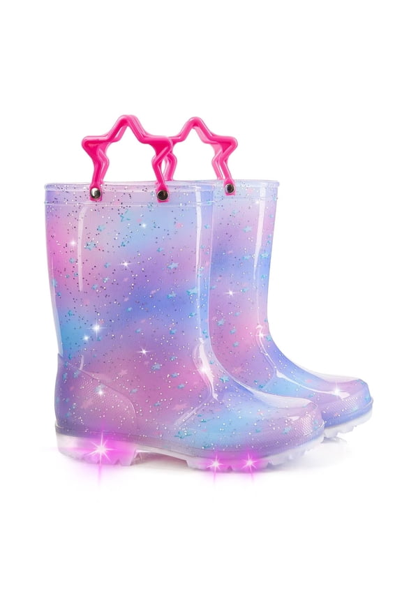 Kids Toddler Light Up Rain Boots for Girls Waterproof Boots with Easy on Handles, Pink Purple, Size 10