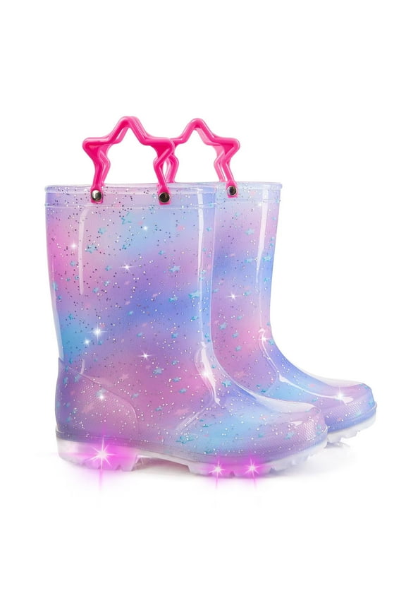 Kids Toddler Light Up Rain Boots for Girls Waterproof Boots with Easy on Handles, Pink Purple, Size 10
