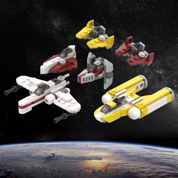 MOC-42376 Multi-Style Mini Sci-Fi Interstellar Fighter Building Block Pack, 213 Pcs Tiny Space Craft Collectible Display Model Set