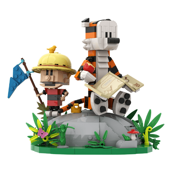 MOC 424PCS Little Explorer and Striped Tiger Building Bricks Kit,Exploration Scene with Grass Base, Collectible Brick Figures Display Model, Compatible with All Major Brands