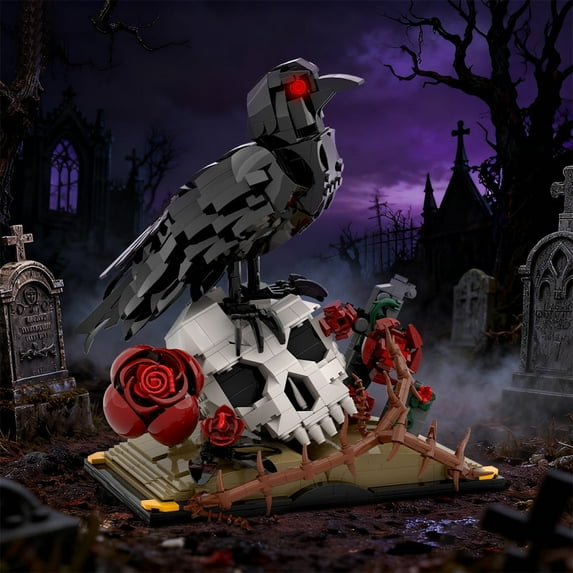 MOC 733PCS DIY Creative Halloween Crow Skull Flower Building Block Set Gothic Horror Skeleton Home Decor