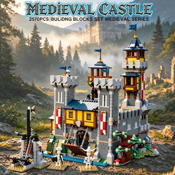 MOC-82242 Medieval Castle II Building Blocks Set 2,570-Piece Castle Model Kit, Combining Two 3-in-1 Castles, Medieval Fortress Display