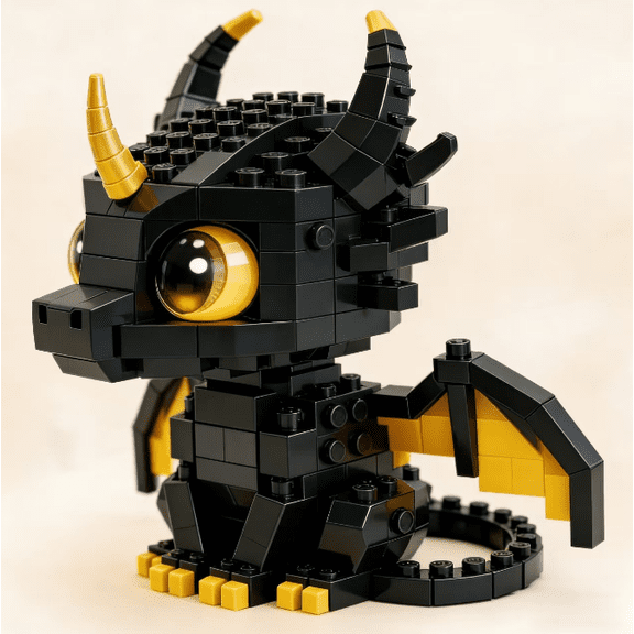 MOC Mini Black Dragon with Golden Horns Building Blocks Model, Adorable Cartoon Animal Brick Figure, Home Office Decoration Display Piece