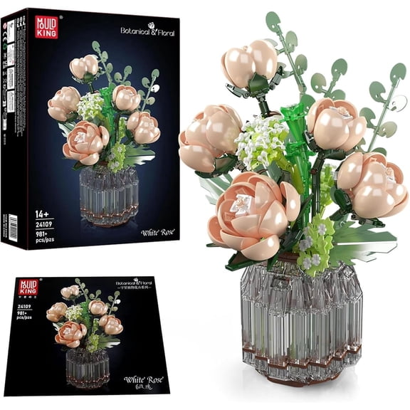 MOC Rose Bouquet Flowers Building Blocks, 981 Pieces Potted Plant Flower Art Model Kit, Technology Toy for Adults