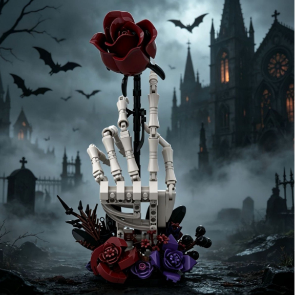 MOC S1020 Skeleton Hand Holding Blood Rose Building Blocks, Gothic Dark Style Small Particle Bricks Model, Halloween Horror Decor Ornament, Creative Romantic Skull Rose Flower Assembly Toy Gift