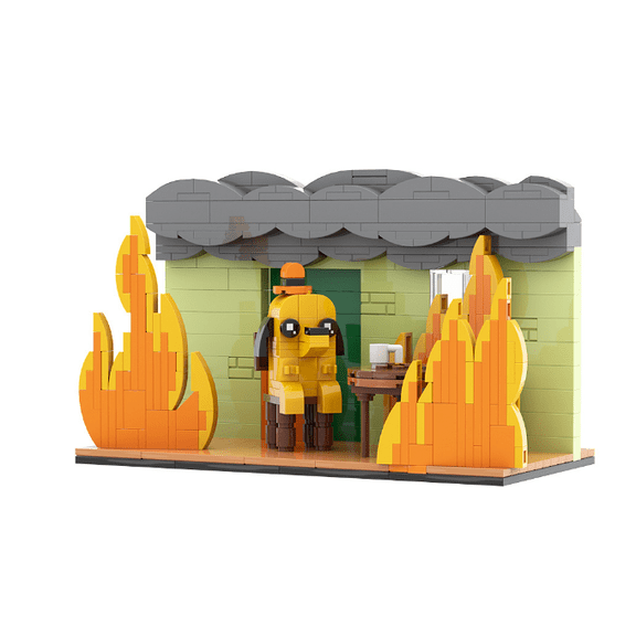 MOC This Is Fine Dog Building Blocks Set, Meme Burning House Scene Mini Bricks Model, Creative Desktop Decor Building Toy Gift for Adults