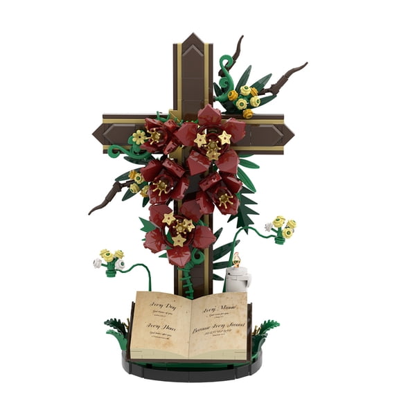 MOC Vintage Floral Cross Desktop Ornament With Open Book Building Blocks Set Romantic Decor MOC Bricks Toys 382pcs