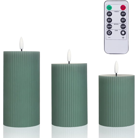 MOCA AUTOPARTS Flameless Candles with Vertical Stripe Green Battery Operated Real Wax Pillar LED Candles 3D wick Remote Controll
