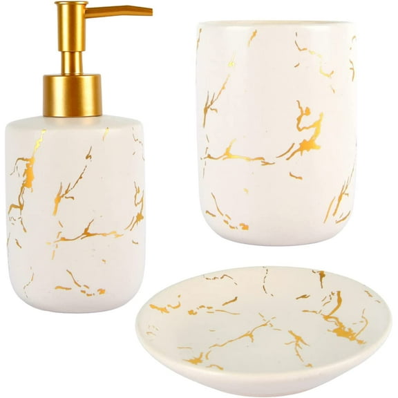 MOCA AUTOPARTS Marble Look Bathroom Accessories Set, 3-Piece, White, Ceramic