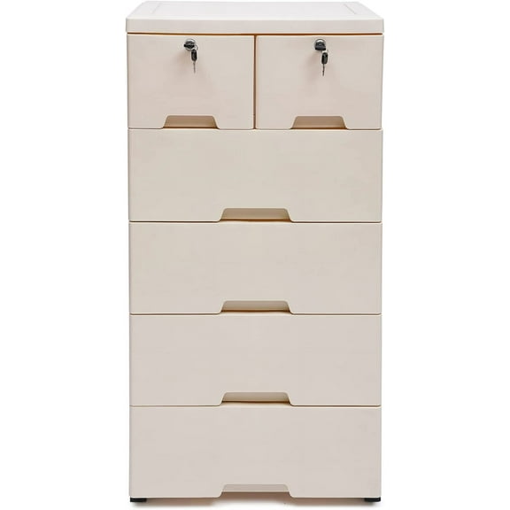 MOCHAG 5 Tier Storage Cabinet with 6 Drawers, Plastic Drawers Dresser Storage with Wheels and Locks, Modern Closet Drawers Tall Dresser Organizer for Clothes, Playroom, Bedroom Furniture (Beige)