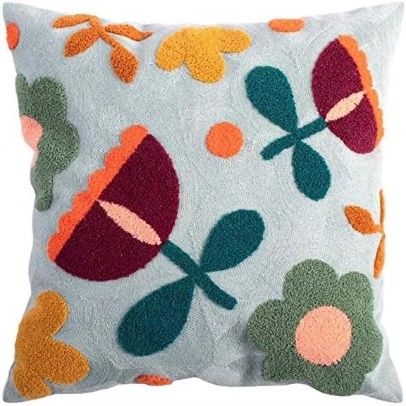 MOCOFO Canvas Embroidered Throw Pillow Cover with Flower Spring Embroidery Craft Modern Simple Sofa Office Pillow Pillow Case (Light Blue Tulip, 18x18’’)