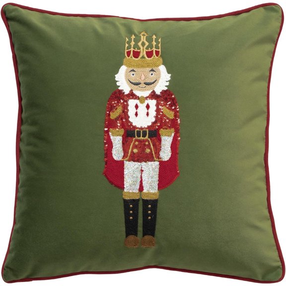 MOCOFO Christmas Nutcracker Decorative Throw Pillow Cover, 18x18 Inch Velvet Cushion Case with Sequin Embroidery, Festive Red and Green Holiday Decor for Sofa Couch (Cover Only) (Green, 18” x 18”)
