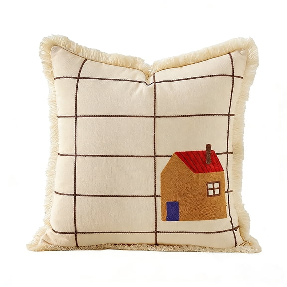 MOCOFO Decorative Throw Pillow Covers 18x18 Inch, Washed Cotton Fringed Cushion Case with Embroidery House/Horse Design, Farmhouse Boho Pillowcase for Sofa, Couch, Bedroom, 1 PC (Insert Not Included)
