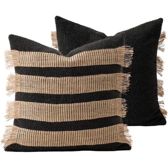 MOCOFO Handwoven Jute Cotton Striped Pillow Covers, Wabi Sabi Boho Farmhouse Decorative Throw Cushion Cover with Fringe, 18x18Inch (Cover Only) (Black/Natural, 18x18)