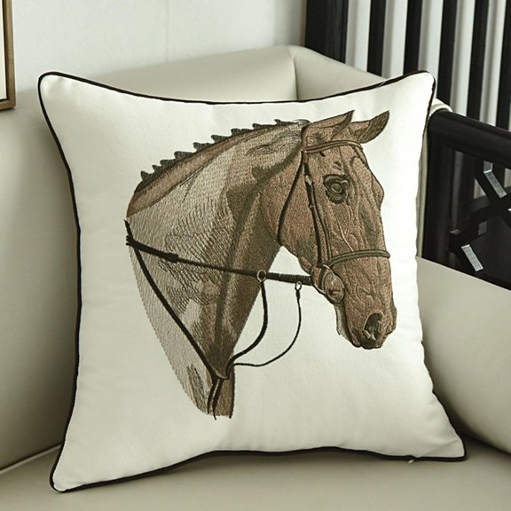 MOCOFO Horse Embroidered Throw Pillow Cover 18x18 Inch, Cotton Linen Decorative Cushion Cover for Sofa Couch Bed, Chinese Style Embroidery Square Pillow Case (horse head,Cover Only)