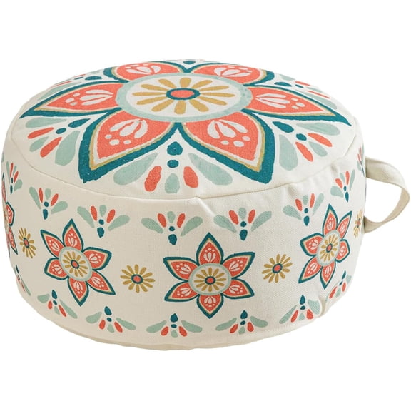 MOCOFO Round Bohemian Ottoman Pouf Cover, 18 Inch, Cotton Blend, Church Window Print, Living Room Storage Footrest, Cover Only (Blue Night)